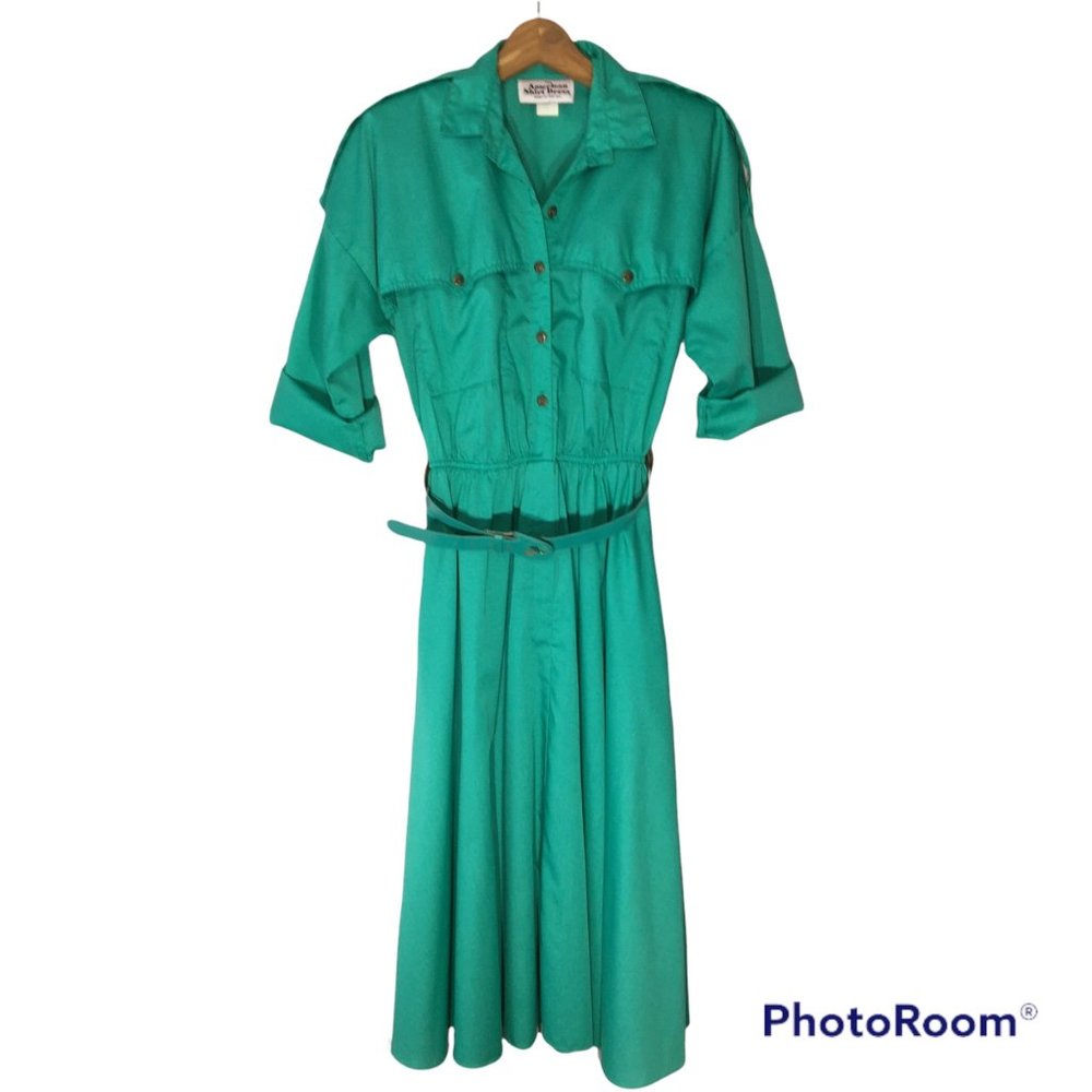 Vintage 80s Day Dress, Green Shirt Dress, Vintage Dress with Pockets Size Medium - Picture 13 of 14